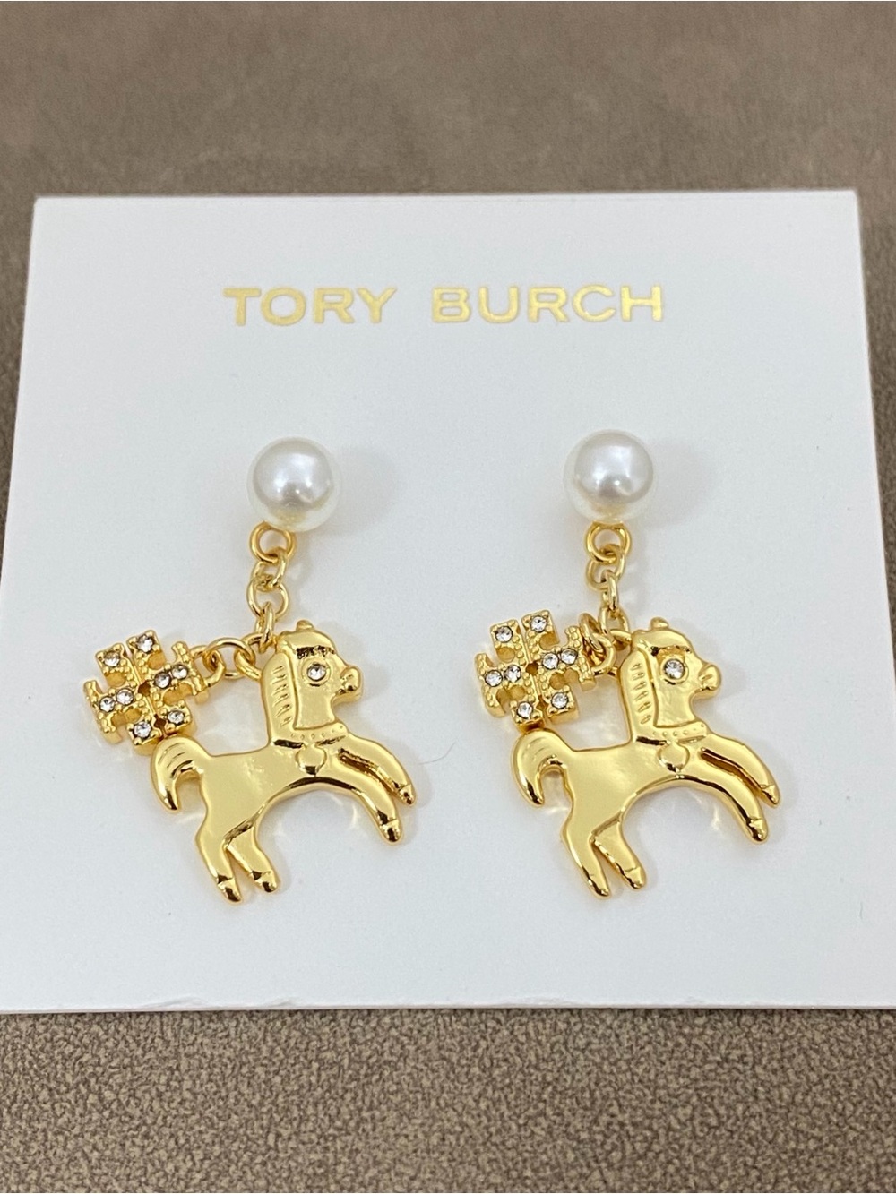 Tory Burch Gold-tone Horse Drop Earrings with Pearl Studs